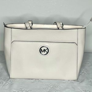 Michael Kors, Women, Bag, Tote, Large, White leather, Shoulder straps, silver MK